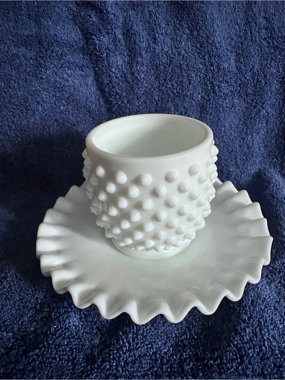 Fenton Hobnail Milk Glass Mustard and Ruffled Underplate, USA